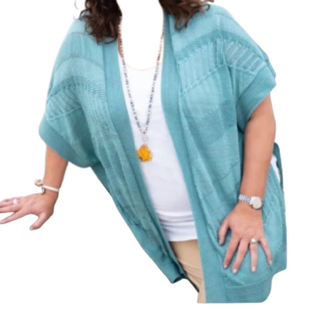 Chico's Poncho Textured Stripes Ruanda Hearthstone L / XL Green Blue Jade